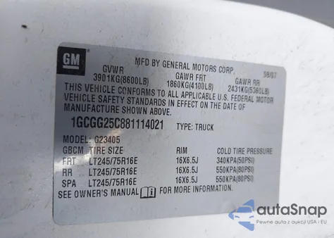 2008 Chevrolet Express Work Van из США, поврежденный, VIN 1GCGG25C881114021